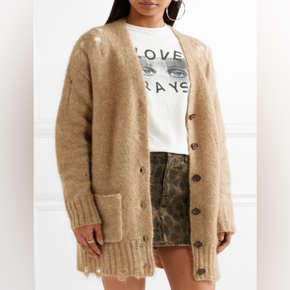 R13 Distressed Mohair Wool Blend Oversized Cardigan In Camel Tan Size XS - Picture 1 of 15